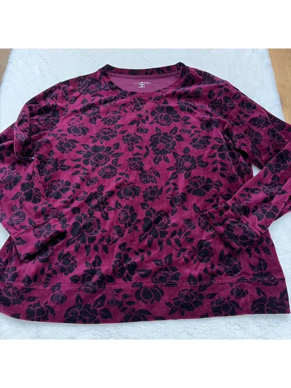 Karen Scott Sport Extra-Large Velour Burgundy Floral All Over Print Sweater